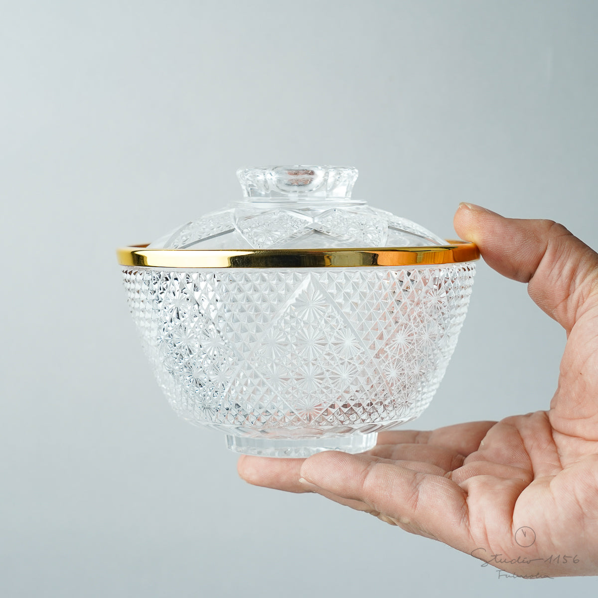 ガラス食器 蓮菊蓋物 12.5cm